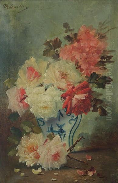 Rozen In Delftse Vaas Oil Painting by Max Carlier