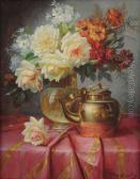 Stilleven Met Rozen In Koperen Vaasop Tafel Oil Painting by Max Carlier