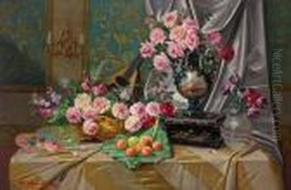 Still Life With Flowers And Fruit Oil Painting by Max Carlier