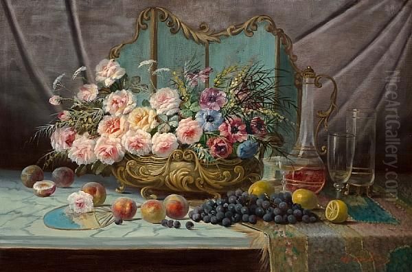 Still Life Of Flowers, Fruit, A Decanter And Glasses Oil Painting by Max Carlier