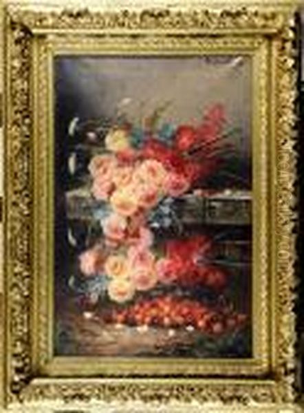 Nature Morte Aux Roses Et Aux Cerises Oil Painting by Max Carlier