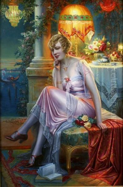 Reverie Sur La Terrasse Au Clair De Lune Oil Painting by Max Carlier