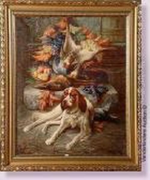 Chien Couche Devant Un Trophee De Chasse Aux Fruits Etau Gibier Oil Painting by Max Carlier