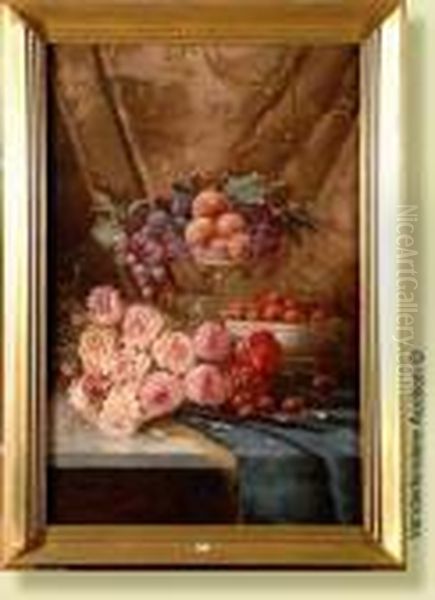 Fleurs Et Fruits Sur Un Entablement Oil Painting by Max Carlier