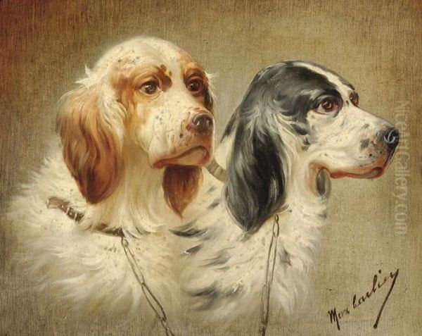 A Portrait Of A Brown-white And Black-white Dog Oil Painting by Max Carlier