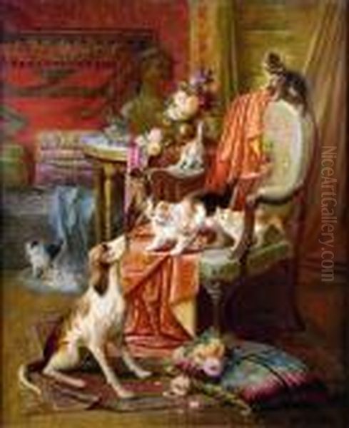 [chien Et Chats Dans Un Interieur] Oil Painting by Max Carlier