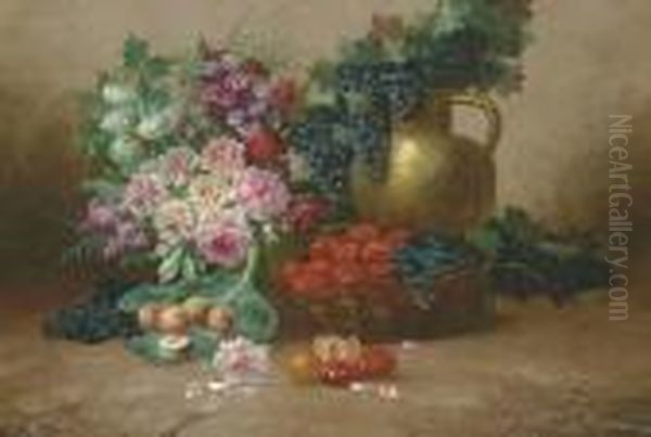 Still Life With Flowers, Fruits, Vegetables And A Copper Jug Oil Painting by Max Carlier