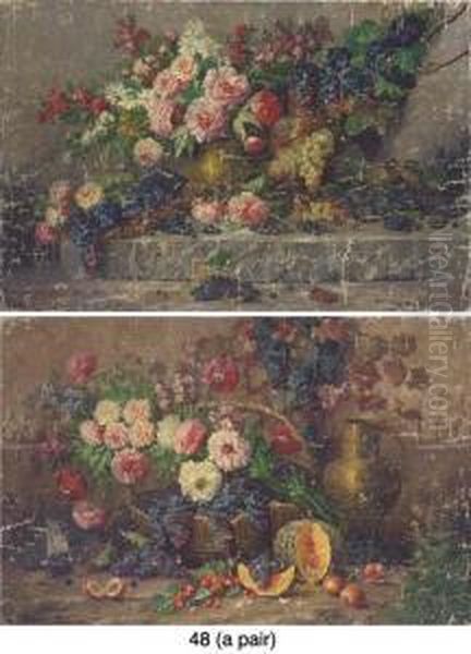 Summer Blooms In Brass And 
Copper Ewers By A Grape Vine; And Summerblooms And Grapes In A Basket By
 Peaches, Cherries, A Pumpkin, Abrass Ewer And A Vine On A Ledge Oil Painting by Max Carlier