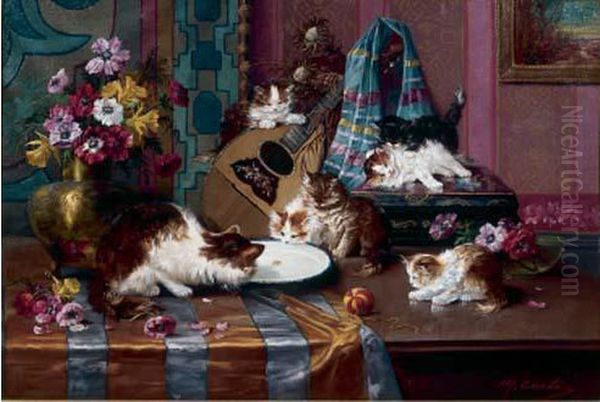 Chats Jouant Dans Un Interieur Oil Painting by Max Carlier