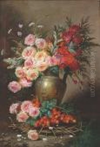 Still Life Of A Jug Filled With 
Roses, Chrysanthemums, Paeonies And Cow Parsley, With Cherries In The 
Foreground Oil Painting by Max Carlier