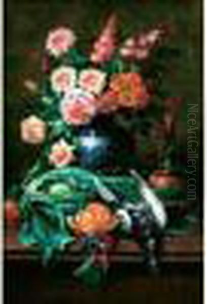 Bouquet De Fleurs, Orange, Grappe De Raisin Sur Un
 Entablement Oil Painting by Max Carlier