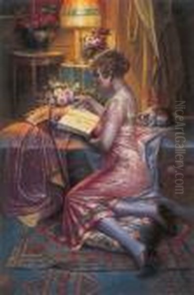 A Woman Reading In An Interior Oil Painting by Max Carlier