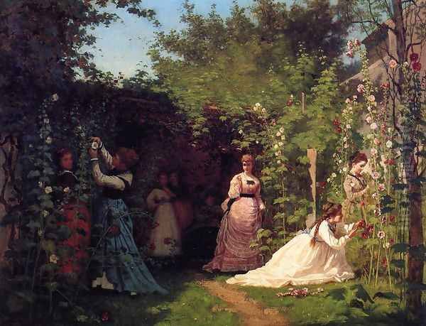 Hollyhocks Oil Painting by Eastman Johnson