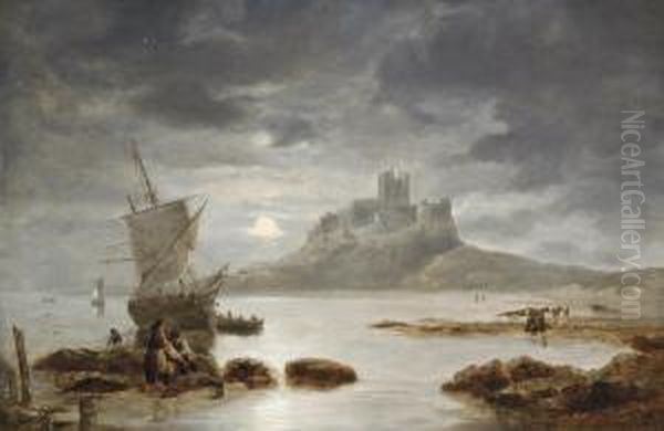 Bamburgh Castle By Moonlight Oil Painting by John Wilson Carmichael