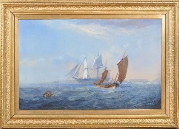 A Lugger, A Warship And Other Sailing Vessels Off A Coast Oil Painting by John Wilson Carmichael