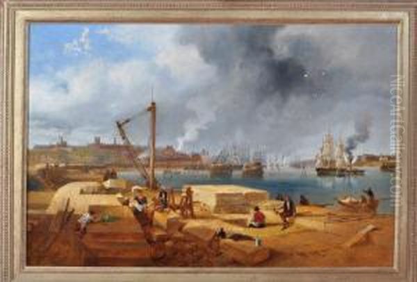 A Panoramic View Of The Wear At Sunderland With Stonemasons At Work On The South Pier Oil Painting by John Wilson Carmichael