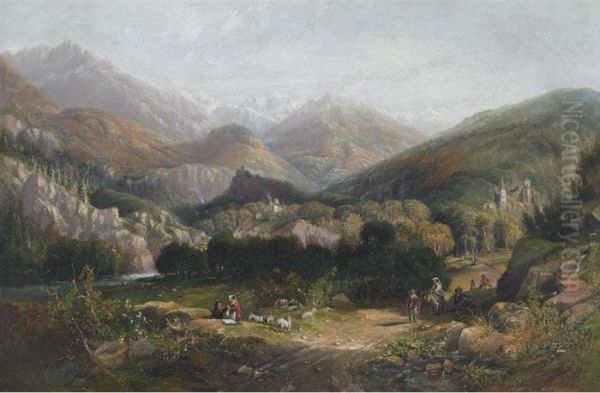 Extensive Alpine Vista With Shepherds Resting And Travelersmingling Oil Painting by John Wilson Carmichael