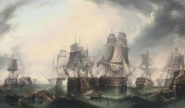 Trafalgar, In The Heat Of Battle Oil Painting by John Wilson Carmichael