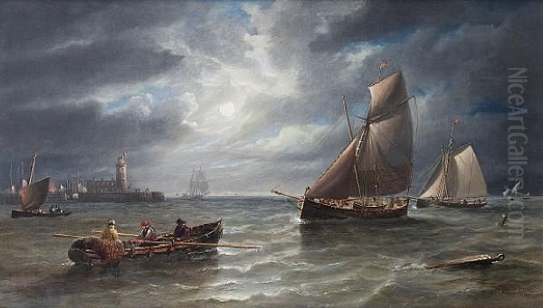 Small Traders And Fishing Boats Running Intoharbour By Moonlight Oil Painting by John Wilson Carmichael