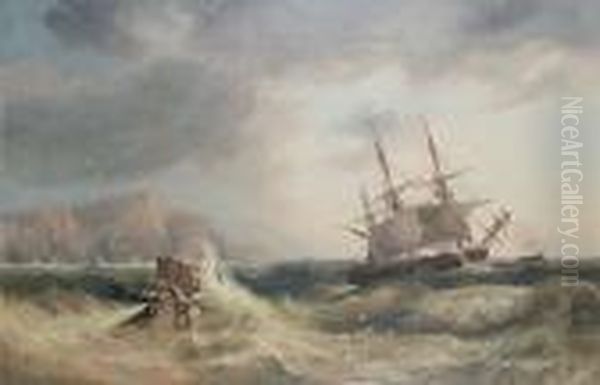 A Three-masted Merchantman Reefed Down Inheavy Seas Off A Rocky Shore Oil Painting by John Wilson Carmichael