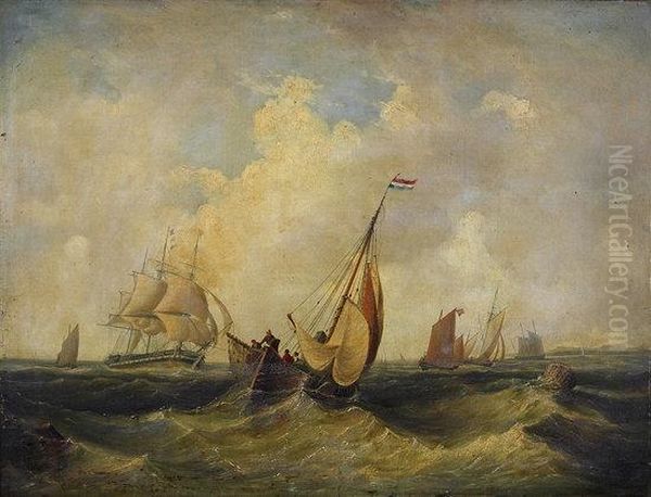 Dutch Fishing Boats And A Frigate In Choppy Sea Oil Painting by John Wilson Carmichael