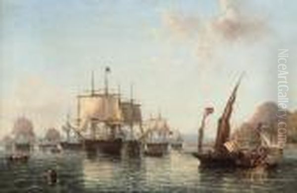 Admiral Lord Exmouth's Fleet Preparing To Leave Gibraltar For Thebattle Of Algiers Oil Painting by John Wilson Carmichael