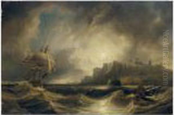 A Breezy Evening Off Saint Hilda's Abbey, Whitby Oil Painting by John Wilson Carmichael