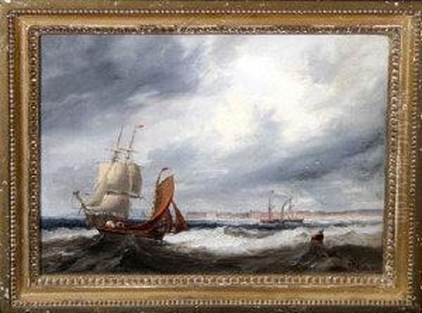 Shipping Off A Coastal Town Under A Grey Sky Oil Painting by John Wilson Carmichael