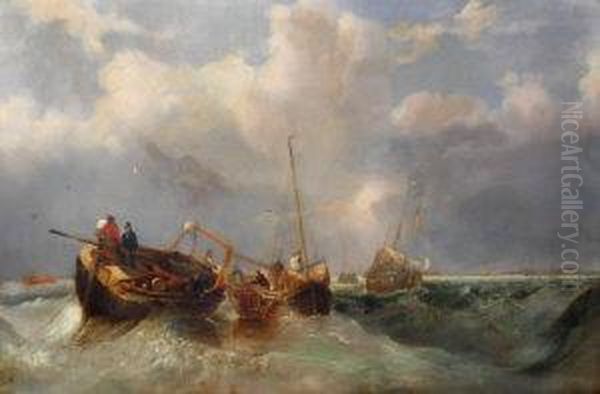 Fishermen Hauling In The Nets At Sea,
With A Distant Third-rate Ship Of The Line Lying At Anchor And Other Shipping Oil Painting by John Wilson Carmichael