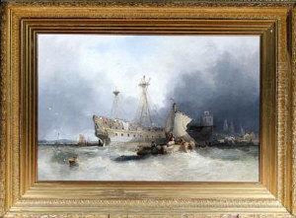 A Three-decker Warship Re-fitting In A Continental Harbour Oil Painting by John Wilson Carmichael