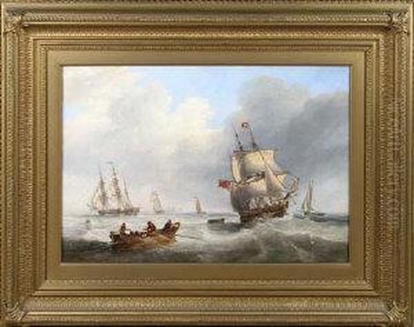 Sailing Ships And A Rowing Boat In A Stiff Breeze Oil Painting by John Wilson Carmichael