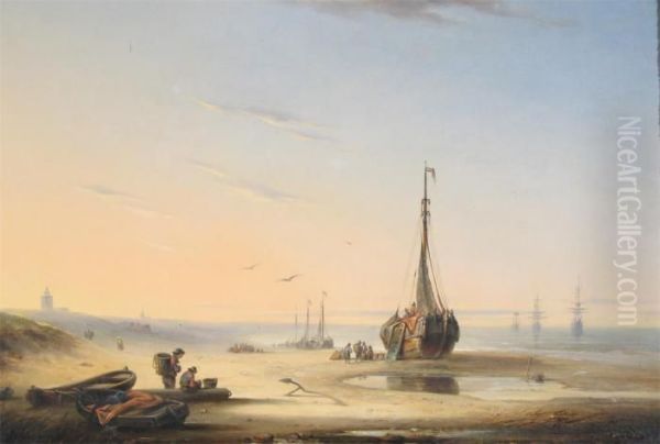 Fishing Boats And Figures On The Shore Oil Painting by John Wilson Carmichael