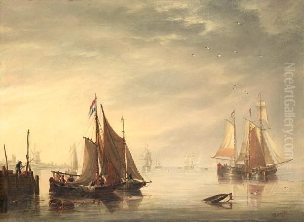 Dutch Traders In A Flat Calm At Eventide Off The East Coast Oil Painting by John Wilson Carmichael