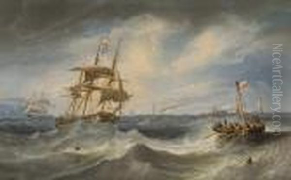 Congested Waters Between Hurst 
Castle And The Needles, With A Royal Navy Frigate Heaving-to To Take On 
The Pilot Oil Painting by John Wilson Carmichael