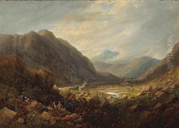 An Extensive View Of A Valley With Two Figuresresting In The Foreground Oil Painting by John Wilson Carmichael