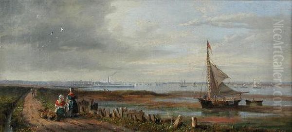 Aview Of Middlesborough With Fisherfolk In The Foreground Oil Painting by John Wilson Carmichael