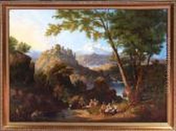 A Panoramic Continental River 
Landscape With Figures And Animals In The Foreground And A Castle Beyond Oil Painting by John Wilson Carmichael