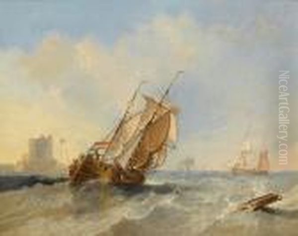 Shipping In A Stiff Breeze Offshore Near Vlissingen Oil Painting by John Wilson Carmichael