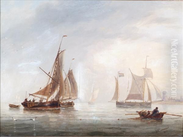 Sailingbarges And Fishing Boats Off The Dutch Coast Oil Painting by John Wilson Carmichael