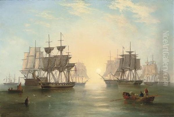 The Fleet At Anchor In An Evening Calm Oil Painting by John Wilson Carmichael