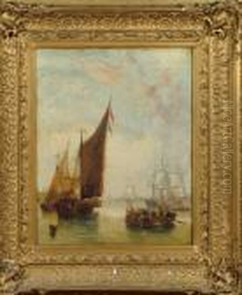 A Timber Barge And Other Vessels Becalmed In A Harbour Oil Painting by John Wilson Carmichael