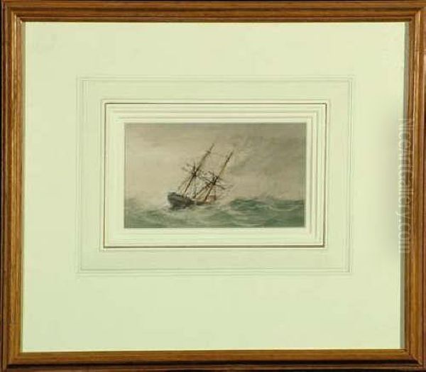 Attributed John Wilson Carmichael 4in. X 7in. A Brig In Heavy Seas Oil Painting by John Wilson Carmichael