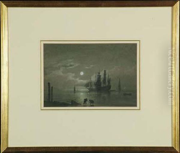 Attributed To John Wilson 
Carmichael 7in. X 10 1/4in. A Coastal Scene By Moonlight With Figures 
On The Shore In The Foreground And War Ships At Anchor In The Middle 
Distance Oil Painting by John Wilson Carmichael