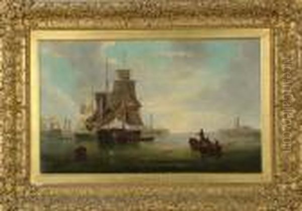 A Follower Of John Wilson Carmichael 14in. X 23in. Sunderland Harbour With Signature Oil Painting by John Wilson Carmichael