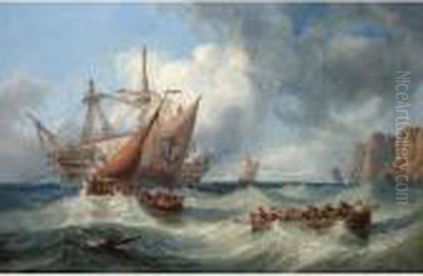 A Dismasted Man Of War At Anchor Oil Painting by John Wilson Carmichael