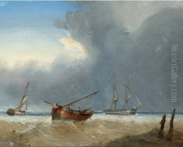 Shipping Vessels Off The Shore Oil Painting by John Wilson Carmichael