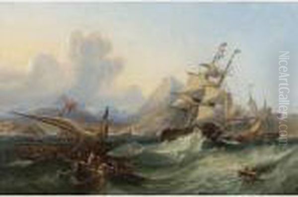 A Man-of-war Off The Turkish Coast Oil Painting by John Wilson Carmichael