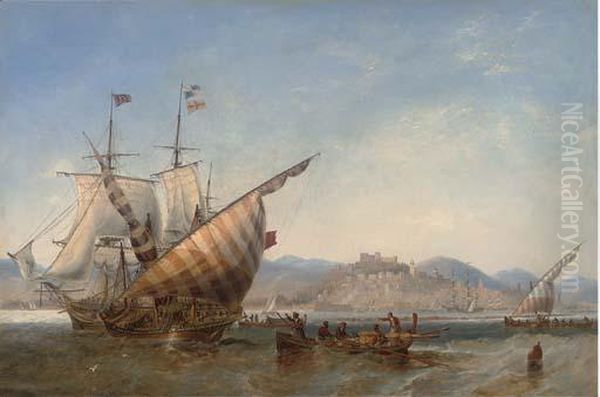 A British Frigate And Mediterranean Xebecs Off Sidon, Lebanon Oil Painting by John Wilson Carmichael