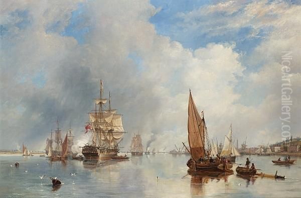 On The Thames At Woolwich, With The 'buckinghamshire' Indiaman Going Down The River Oil Painting by John Wilson Carmichael