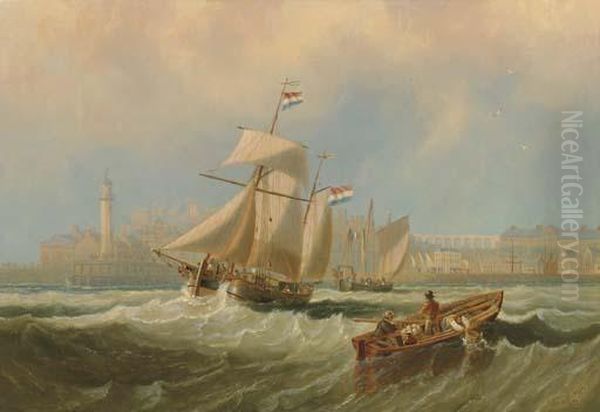 Dutch Barges Running Out Of Channel Port Thought To Be Margate Oil Painting by John Wilson Carmichael